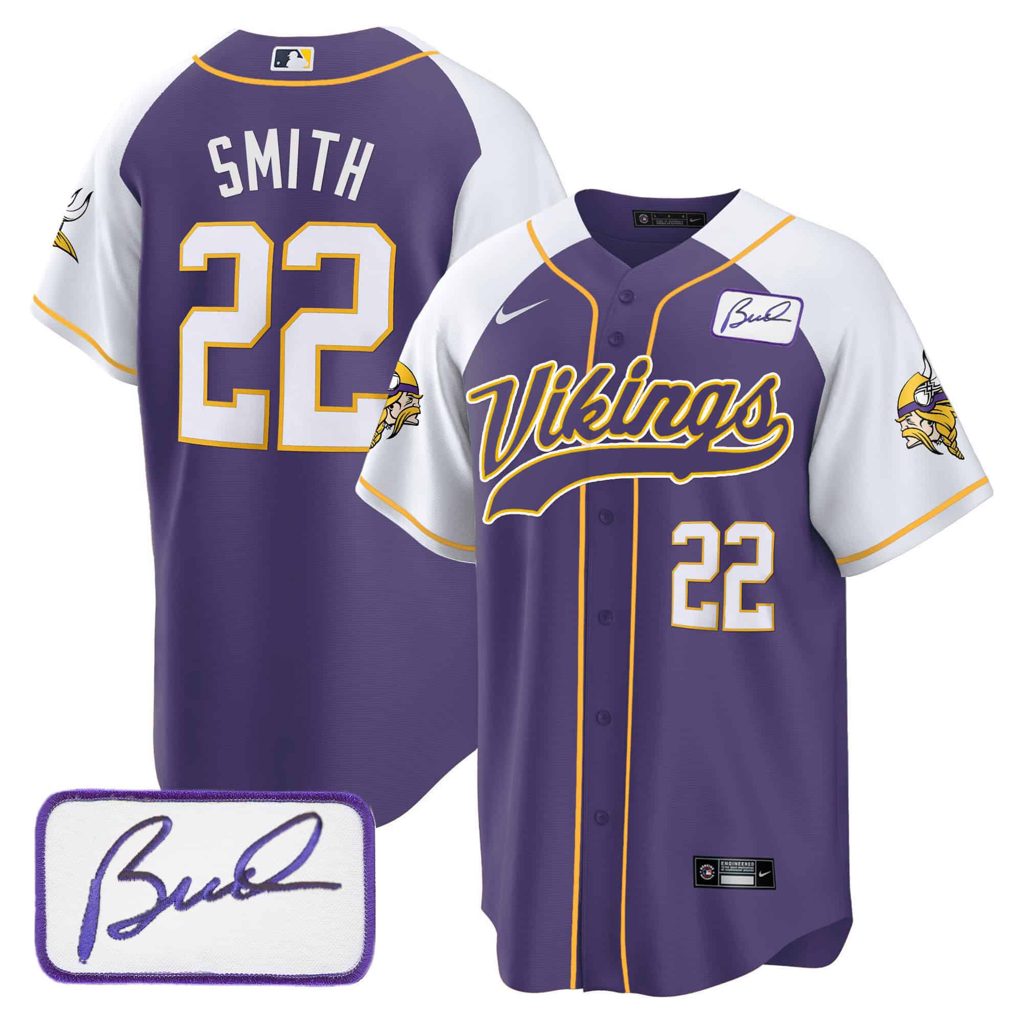 Men Minnesota Vikings 22 Smith Purple 2024 Nike Bud Grant Patch Classic Baseball NFL Jersey